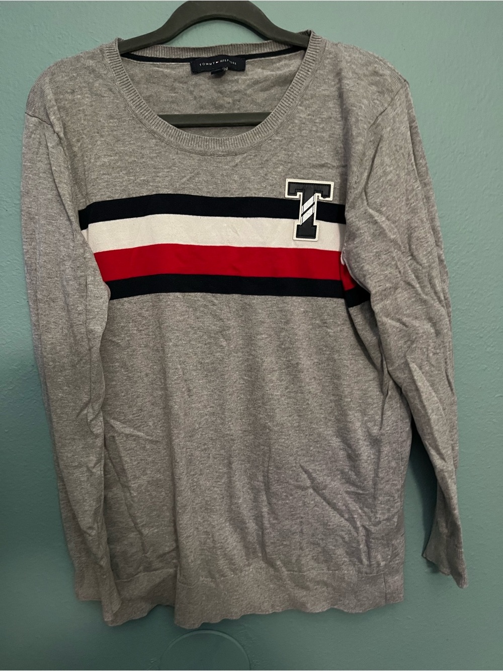 Tommy Hilfiger Grey Sweater with Navy & Red Trim